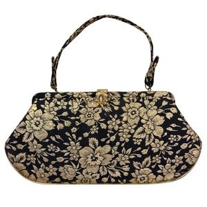 Vintage Black Gold Floral Brocade Evening Bag Mid Century Frame Purse w Mirror